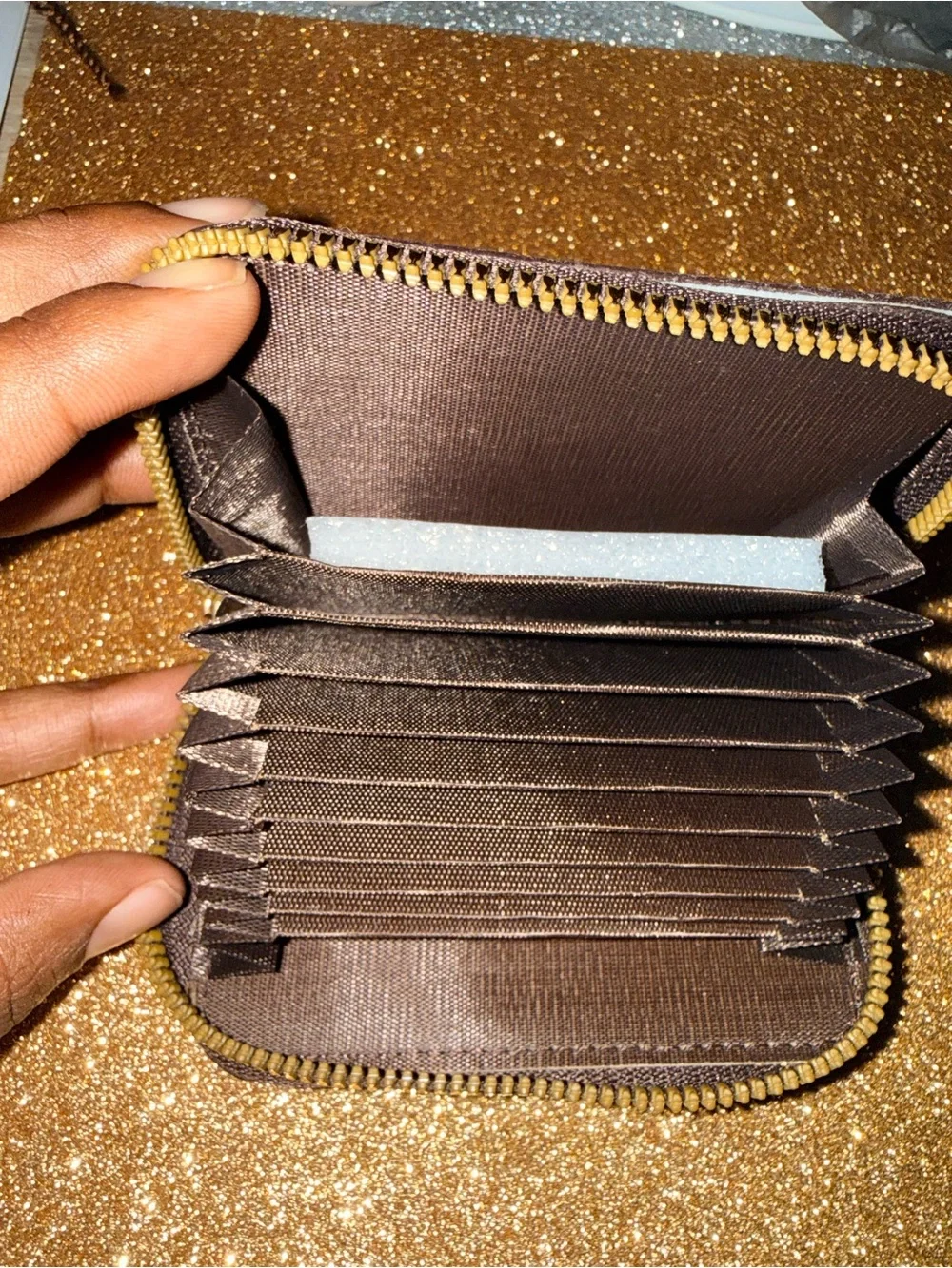 Women’s Brown Zip Card Holder with Gold Bee Accent